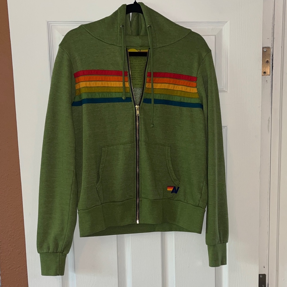 Aviator Nation Olive Green Zip Hoodie with Rainbow Stripes